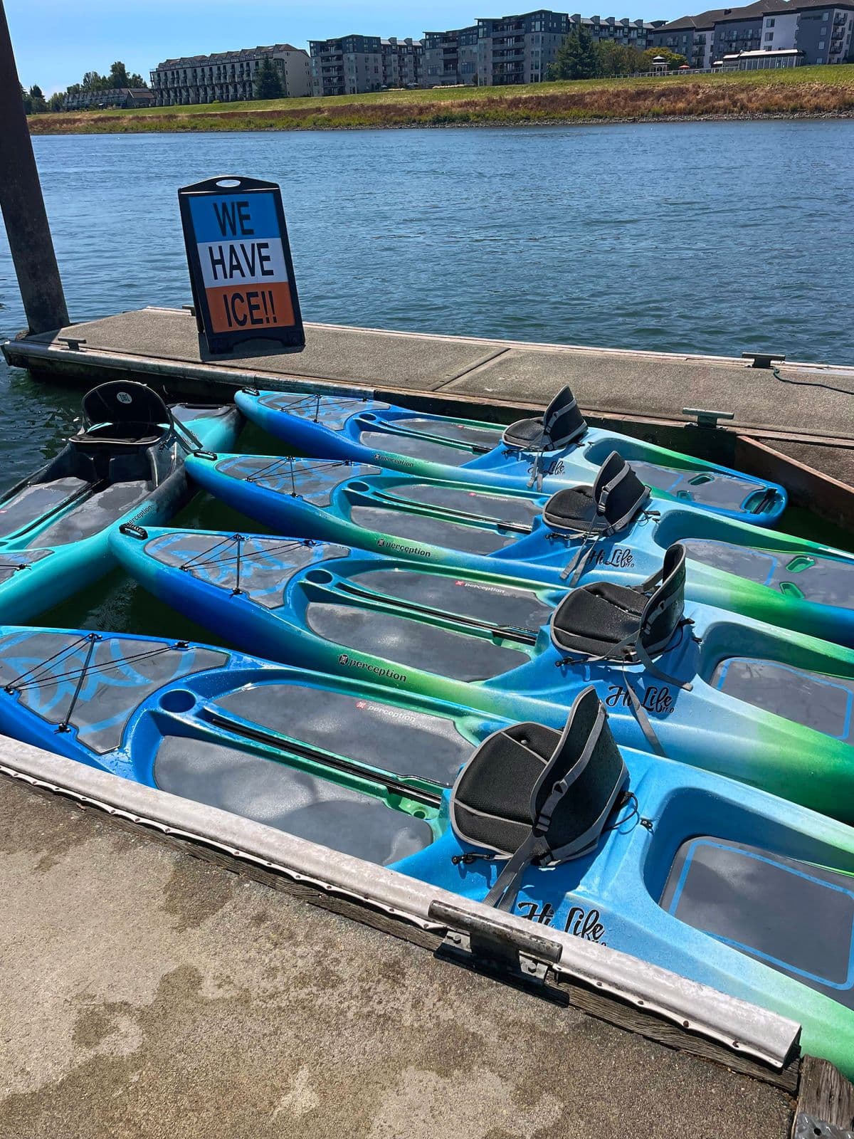 Hybrid kayaks lined up at the Jantzen Fuel Depot dock